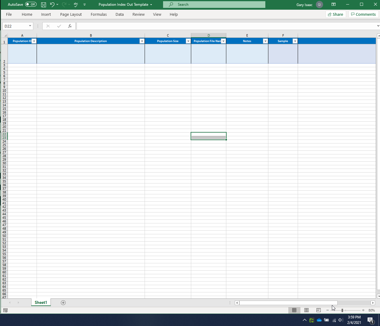 Figure 7. Customized Population Index Template