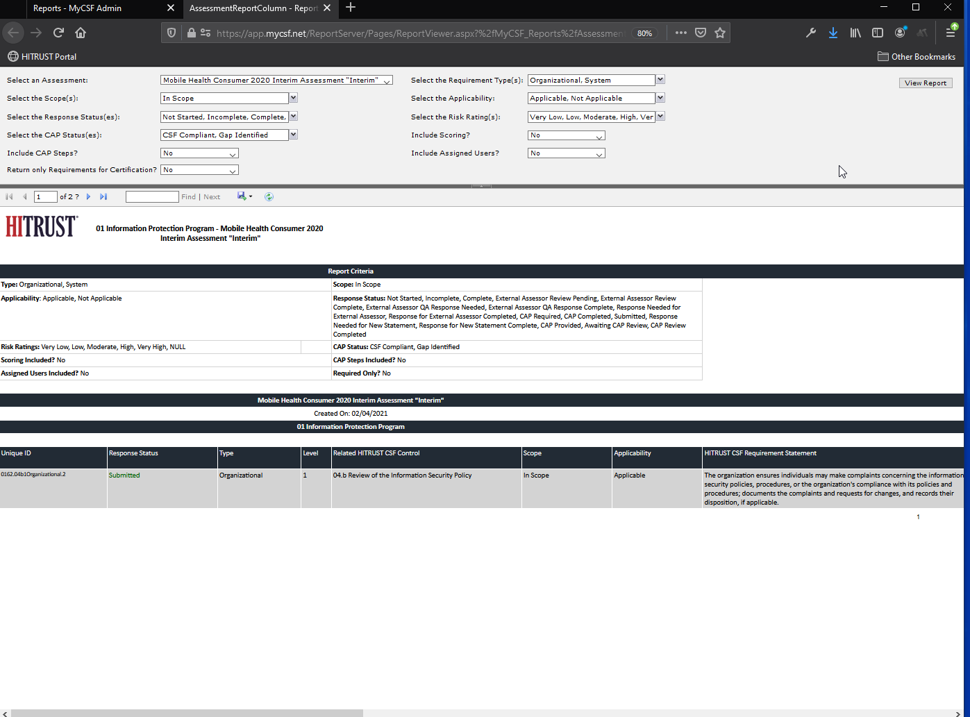 Figure 2. Assessment Report (Column) Configuration