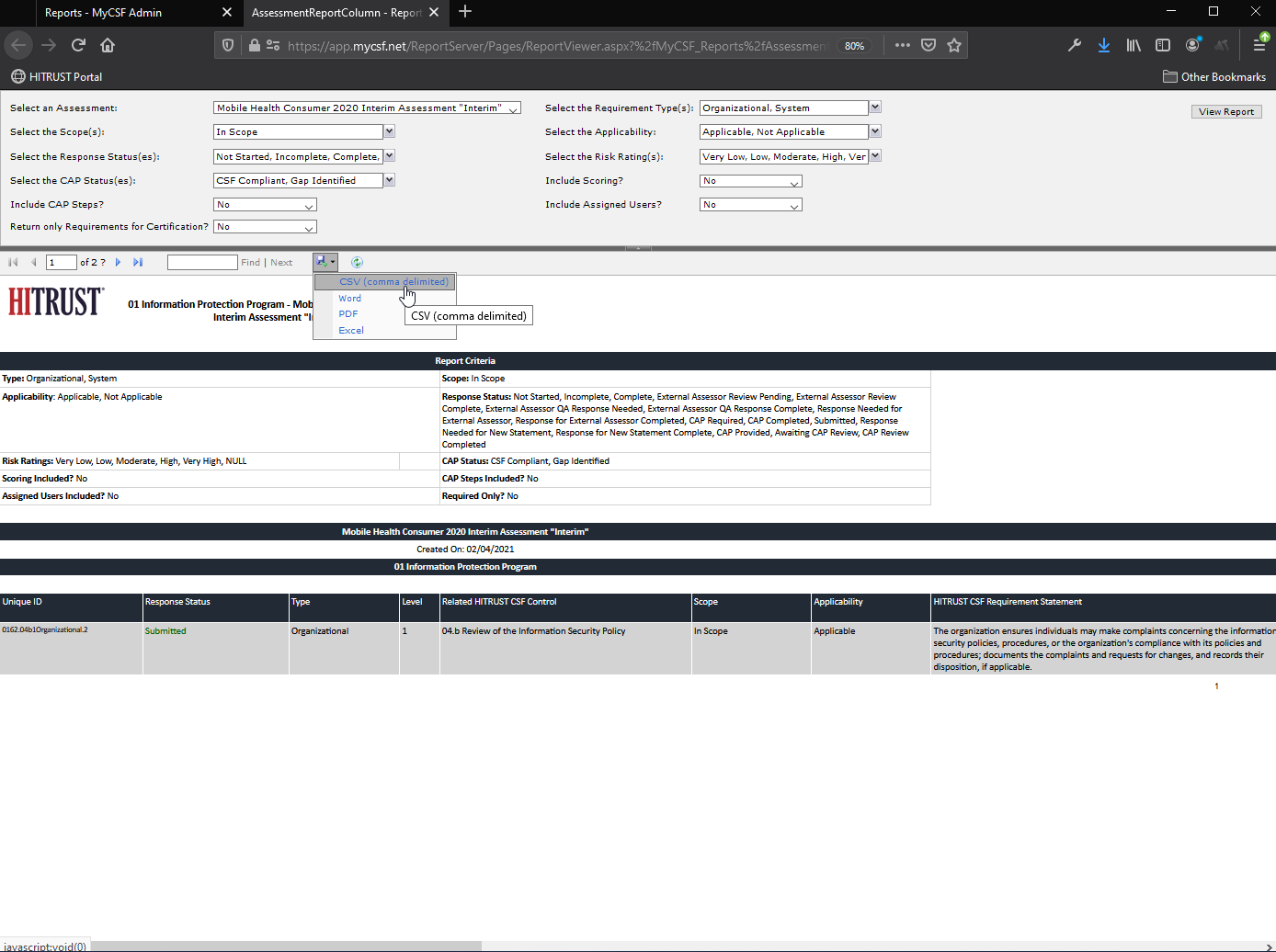 Figure 3. Assessment Report (Column) Export to CSV